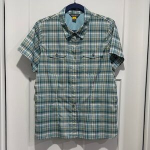 Eddie Bauer Short-Sleeve Plaid Button-Down in Teal, White, and Blue